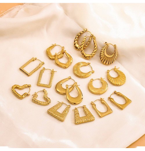 Simple Geometric Stainless Steel Fine Jewelry Earrings18k Gold Plated Exaggerated Chunky Hoop Earrings Set Simple Geometric Stainless Steel Fine Jewelry Earrings18k Gold Plated Exaggerated Chunky Hoop Earrings Set