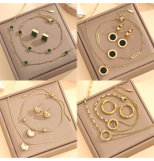 Fashion Stainless Steel 18K Gold Emerald Heart Pendant Necklace Stud Earrings Bracelet Women Vintage 3 Pcs Jewelry Set For Gifts Fashion Stainless Steel 18K Gold Emerald Heart Pendant Necklace Stud Earrings Bracelet Women Vintage 3 Pcs Jewelry Set For Gifts