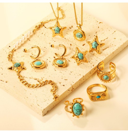 New Arrive Stainless Steel Set Gold Plated Necklace Bracelet Earring Turquoise Stone Jewelry Wholesale For Women New Arrive Stainless Steel Set Gold Plated Necklace Bracelet Earring Turquoise Stone Jewelry Wholesale For Women